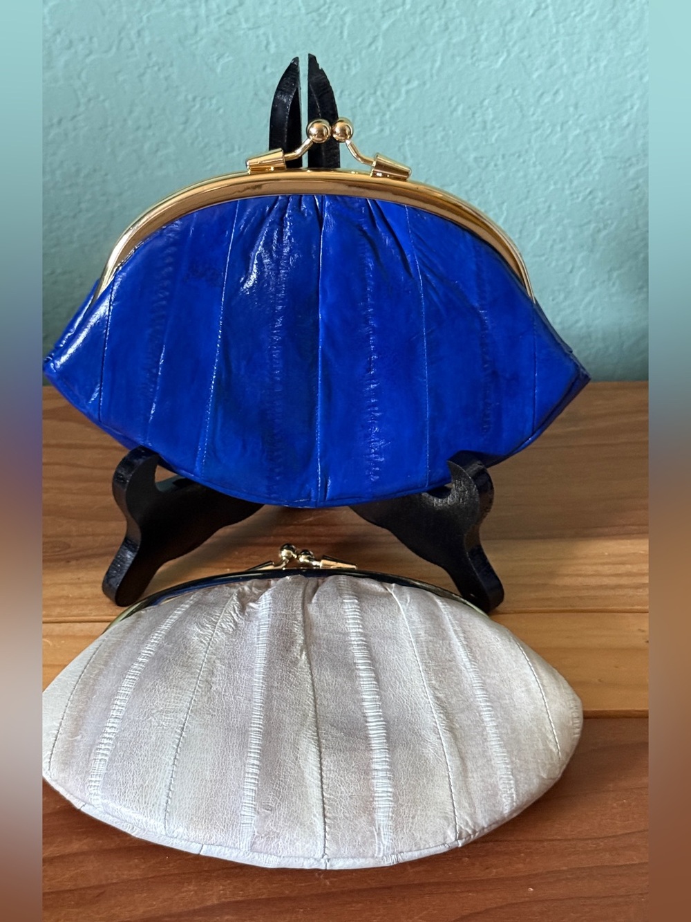 2 NEW Eel Skin Double Kisslock Coin Purses Blue LeeSands & Grey Set 5x7” Soft